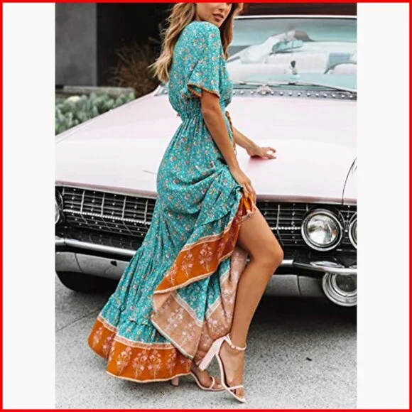 Summer Midi Dress V-Neck Short Sleeve Floral Print Bohemian Casual - Picture 5 of 7